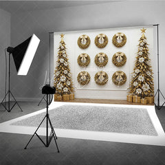 Lofaris All Gold Christmas Photography Backdrop Elegant Wall of Wreaths with Stylized Trees Luxury Holiday Photo Background
