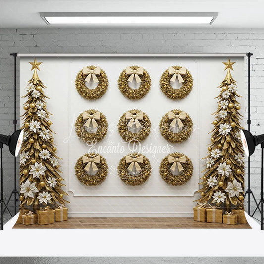 Lofaris All Gold Christmas Photography Backdrop Elegant Wall of Wreaths with Stylized Trees Luxury Holiday Photo Background