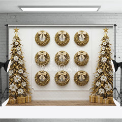 Lofaris All Gold Christmas Photography Backdrop Elegant Wall of Wreaths with Stylized Trees Luxury Holiday Photo Background