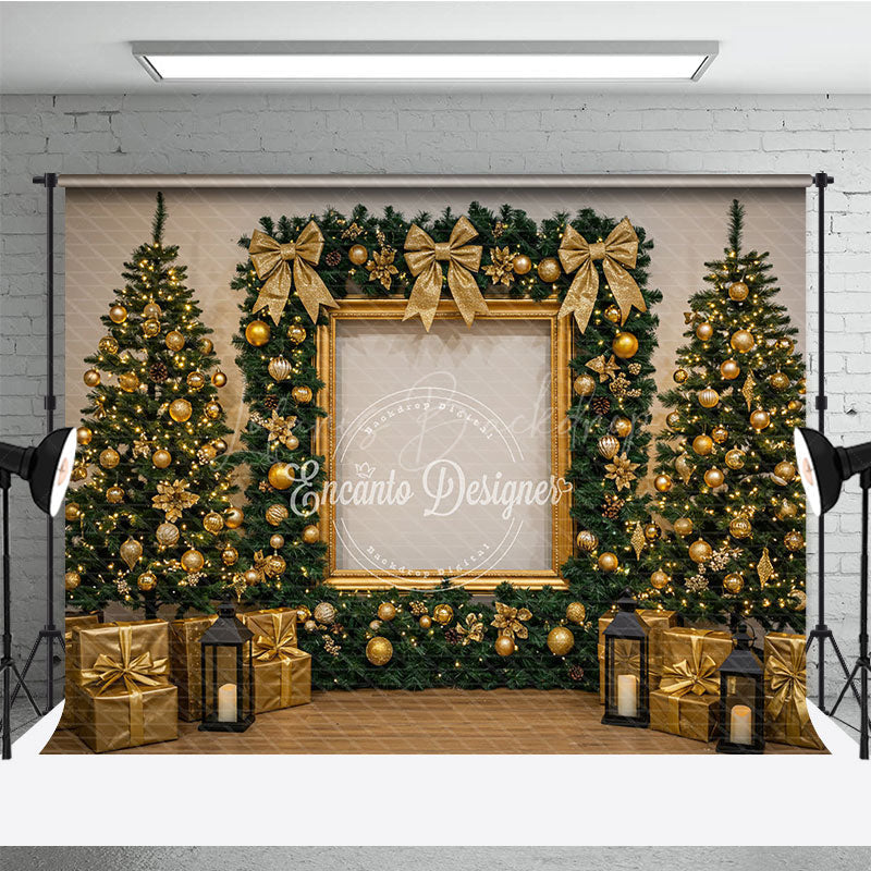 Lofaris All Gold Elegant Christmas Photography Backdrop Frame with Garland and Trees Luxury Holiday Photo Background