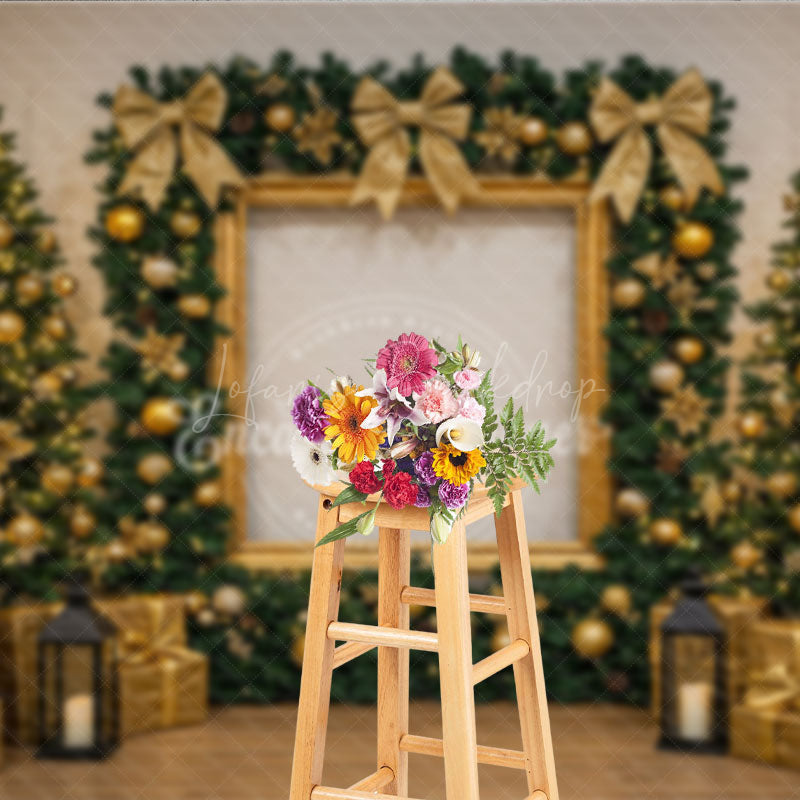 Lofaris All Gold Elegant Christmas Photography Backdrop Frame with Garland and Trees Luxury Holiday Photo Background