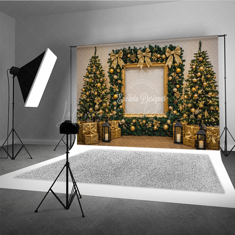 Lofaris All Gold Elegant Christmas Photography Backdrop Frame with Garland and Trees Luxury Holiday Photo Background