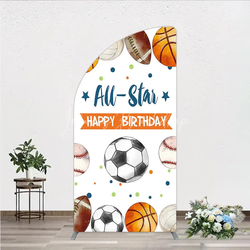 Lofaris All-Star Happy Birthday Half Moon Arch Backdrop with Basketball Soccer Football and Baseball Festive Party Decor