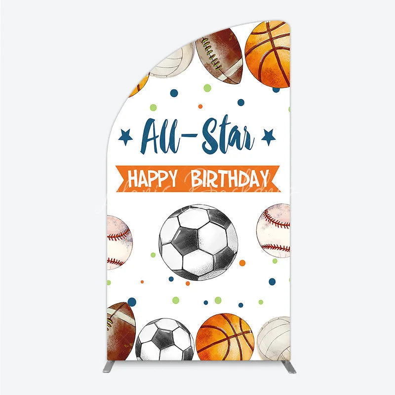Lofaris All-Star Happy Birthday Half Moon Arch Backdrop with Basketball Soccer Football and Baseball Festive Party Decor