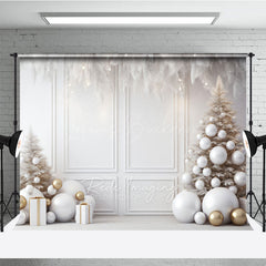 Lofaris All White and Gold Christmas Photography Backdrop Elegant Room with Trees Modern Holiday Photo Background