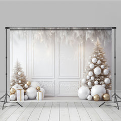 Lofaris All White and Gold Christmas Photography Backdrop Elegant Room with Trees Modern Holiday Photo Background
