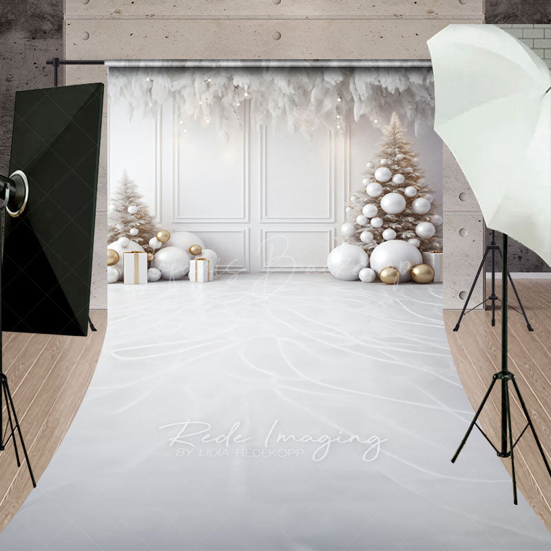 Lofaris All White Christmas Room Sweep Backdrop Elegant and Modern with Gold Ornaments Holiday Photo Studio Floor Drop