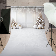 Lofaris All White Christmas Room Sweep Backdrop Elegant and Modern with Gold Ornaments Holiday Photo Studio Floor Drop