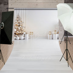 Lofaris All White Christmas Room Sweep Backdrop Minimalist and Modern with Gold Ornaments Elegant Holiday Floor Drop