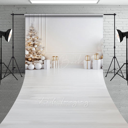 Lofaris All White Christmas Room Sweep Backdrop Minimalist and Modern with Gold Ornaments Elegant Holiday Floor Drop