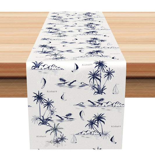Lofaris Aloha Summer Beach Table Runner with Coconut Tree and Sailboat for Coastal Tropical Vocation Decor