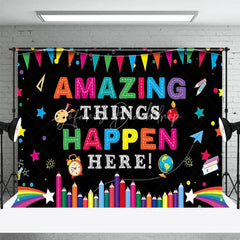 Lofaris Amazing Things Happen Here Colorful School Supplies Backdrop Education Classroom Learning Photo Booth