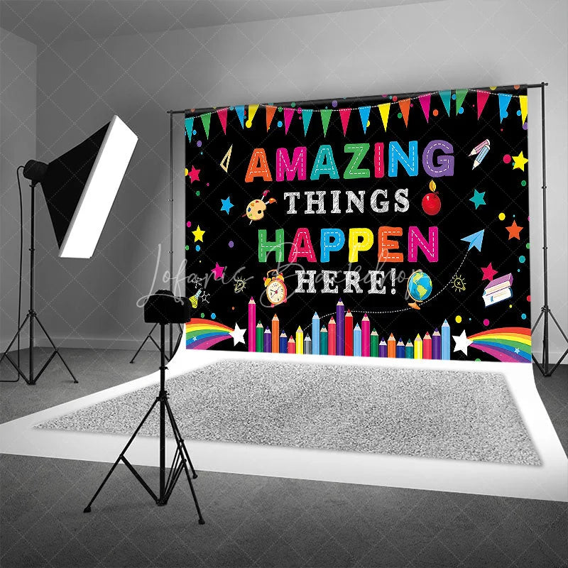 Lofaris Amazing Things Happen Here Colorful School Supplies Backdrop Education Classroom Learning Photo Booth