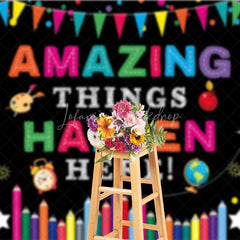 Lofaris Amazing Things Happen Here Colorful School Supplies Backdrop Education Classroom Learning Photo Booth