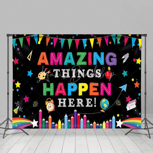 Lofaris Amazing Things Happen Here Colorful School Supplies Backdrop Education Classroom Learning Photo Booth