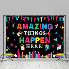 Lofaris Amazing Things Happen Here Colorful School Supplies Backdrop Education Classroom Learning Photo Booth