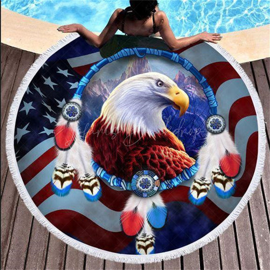 Lofaris American Flag Eagle Cartoon Vibe Round Beach Towel