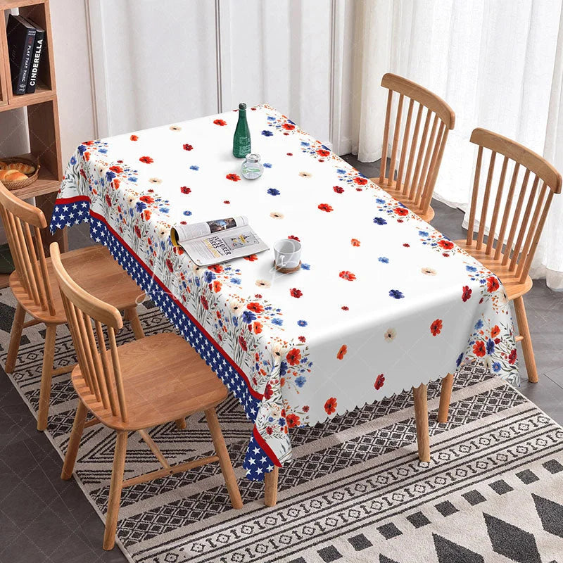 Lofaris American Flag Floral Rectangle Tablecloth Red White and Blue Scalloped Edge for Patriotic Decor