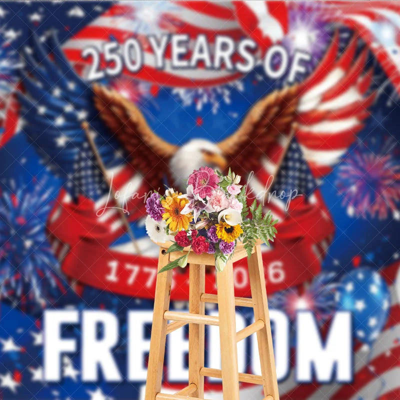 Lofaris American Flag Holiday Backdrop with Bald Eagle Fireworks and Red White Blue Balloons for Freedom Celebration