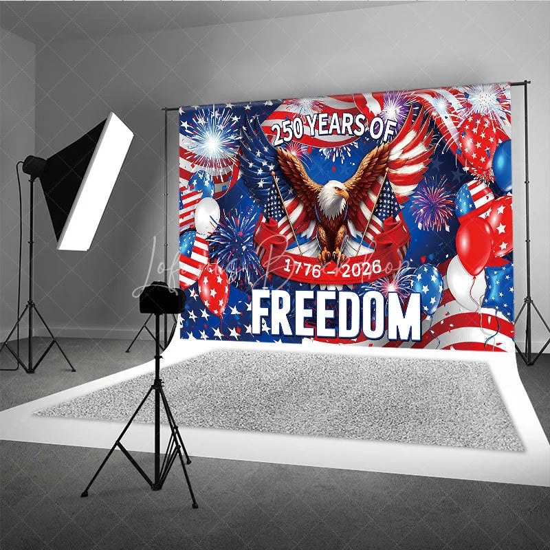 Lofaris American Flag Holiday Backdrop with Bald Eagle Fireworks and Red White Blue Balloons for Freedom Celebration