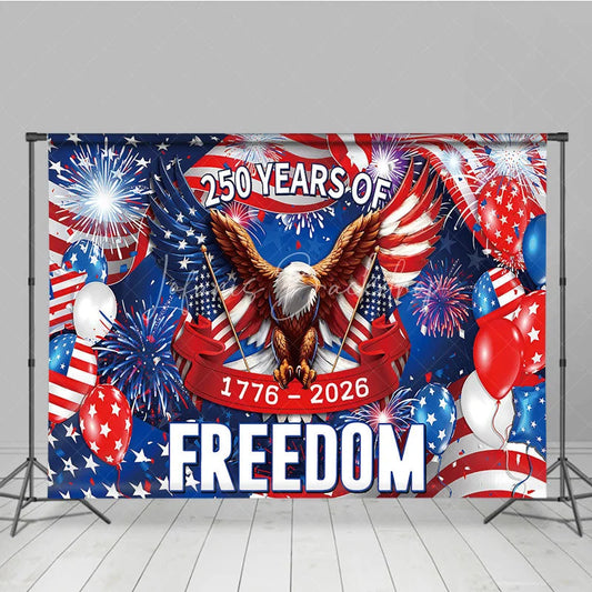 Lofaris American Flag Holiday Backdrop with Bald Eagle Fireworks and Red White Blue Balloons for Freedom Celebration