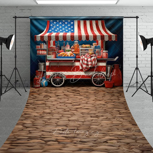 Lofaris American Flag Hot Dog Stand Sweep Backdrop Patriotic Street Food Cart for Summer Celebrations with Cobblestone Floor
