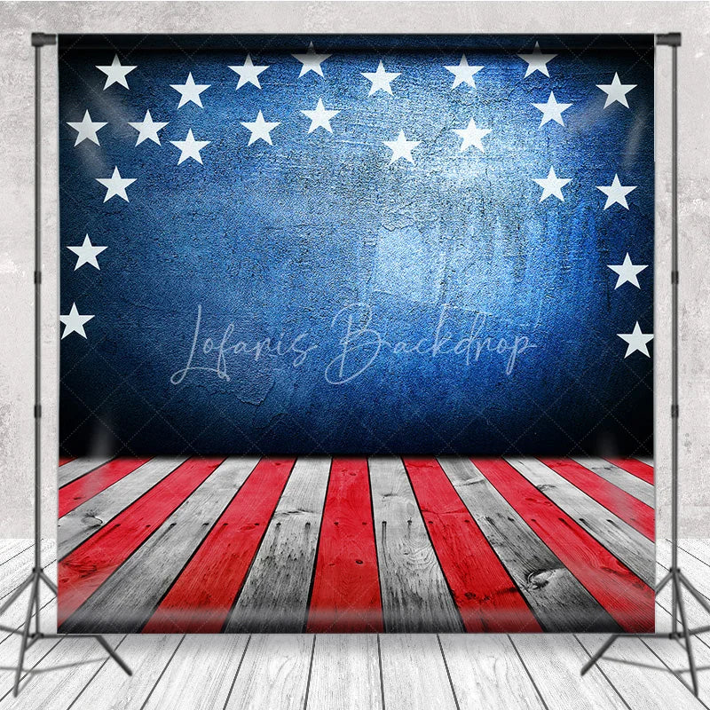 Lofaris American Flag Stars Blue Wall Red White Wood Floor Photography Backdrop
