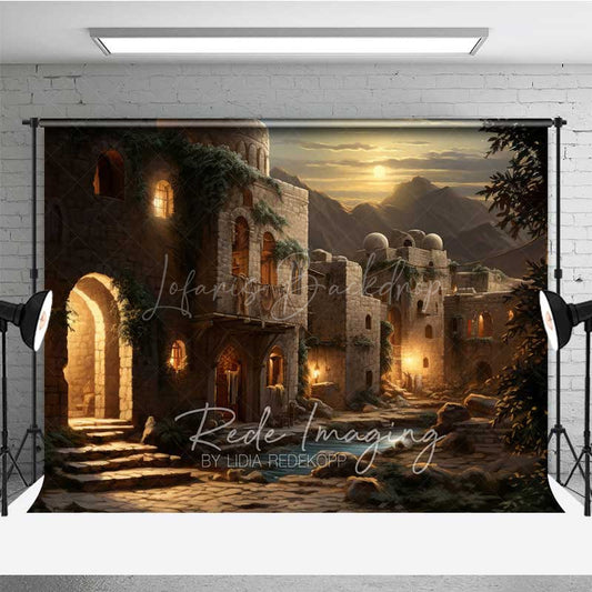 Lofaris Ancient Middle Eastern Village at Night Photography Backdrop Old Stone Buildings with Lanterns Biblical Prop
