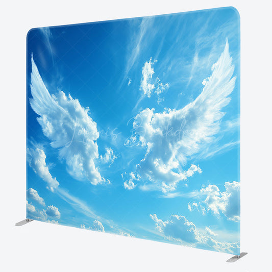 Lofaris Angel Wings in the Sky Square Tension Backdrop Blue and White Clouds Memorial or Baptism Photography Prop