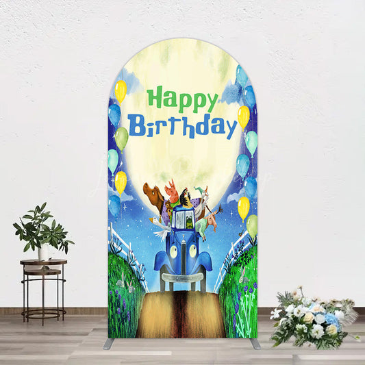 Lofaris Animals Blue Truck Balloons Birthday Arch Backdrop