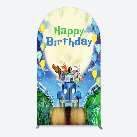 Lofaris Animals Blue Truck Balloons Birthday Arch Backdrop