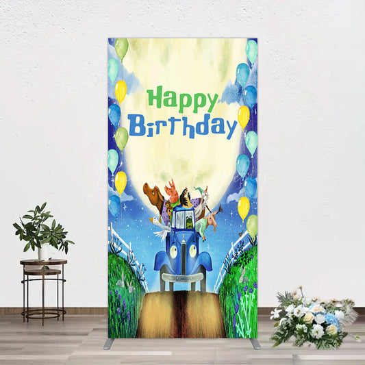 Lofaris Animals Blue Truck Balloons Birthday Rectangle Backdrop