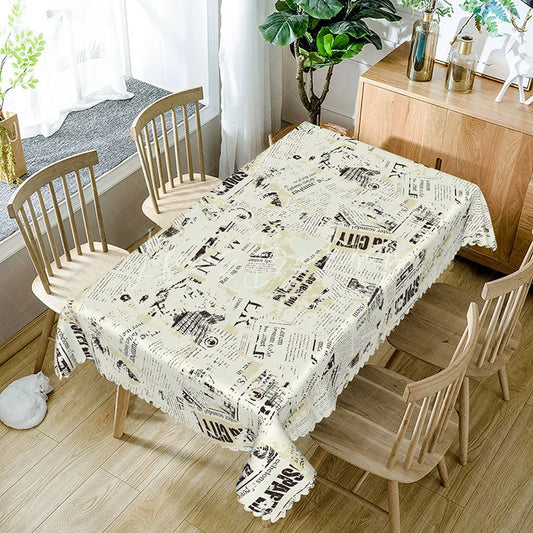 Lofaris Antique Cream Newspaper Rectangle Tablecloth Vintage Old Paper Text Retro Farmhouse Dining Room Decor