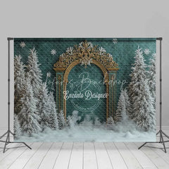 Lofaris Antique Gold Gate Christmas Backdrop Green Texture Snowy Pine Photography Background