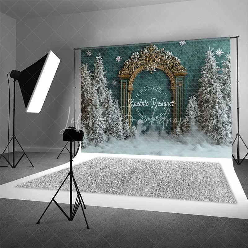 Lofaris Antique Gold Gate Christmas Backdrop Green Texture Snowy Pine Photography Background