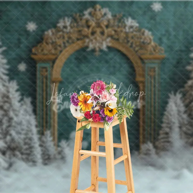 Lofaris Antique Gold Gate Christmas Backdrop Green Texture Snowy Pine Photography Background
