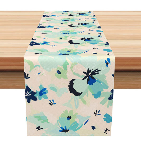 Lofaris Aqua Blue Floral and Bee Table Runner Fine Art Spring Garden Vibe Fresh Botanical Kitchen or Dining Decor