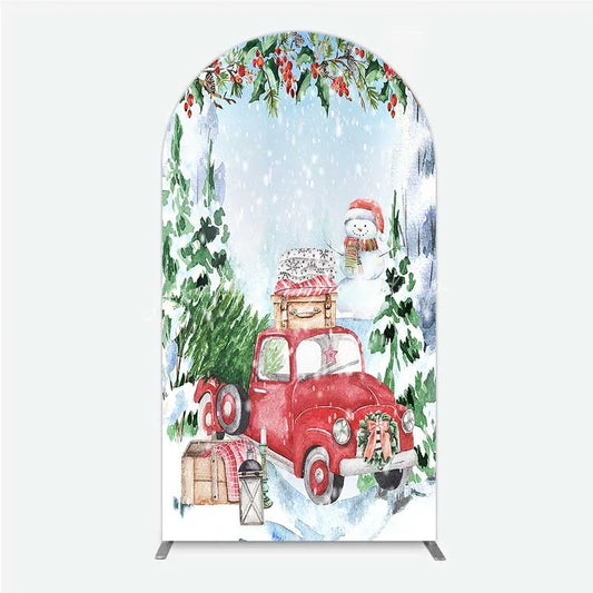 Lofaris Arch Backdrop Christmas Red Truck Winter Snow Cover Watercolor Pine Tree Xmas Decoration Holiday Party Photo Prop