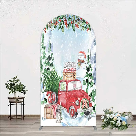 Lofaris Arch Backdrop Christmas Red Truck Winter Snow Cover Watercolor Pine Tree Xmas Decoration Holiday Party Photo Prop