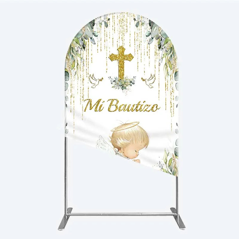 Lofaris Arch Backdrop Mi Bautizo Angel Gold Cross Cover Greenery Eucalyptus Baptism Chiara Wall Background Religious Decor