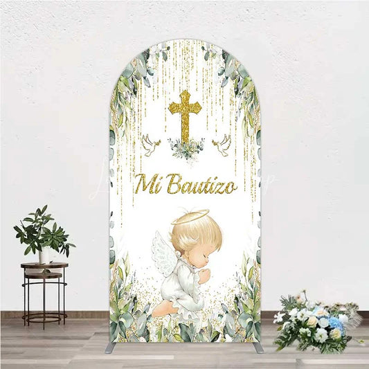 Lofaris Arch Backdrop Mi Bautizo Angel Gold Cross Cover Greenery Eucalyptus Baptism Chiara Wall Background Religious Decor
