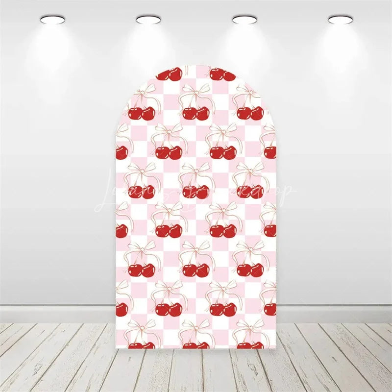Lofaris Arch Backdrop Pink Cherry Checkered Pattern Coquette Bow Red Fruit Sweet Birthday Cover