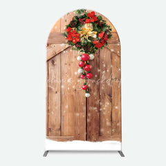 Lofaris Arch Backdrop Rustic Wood Christmas Barn Door Cover Red Wreath Pine Tree Winter Holiday Background Party Prop