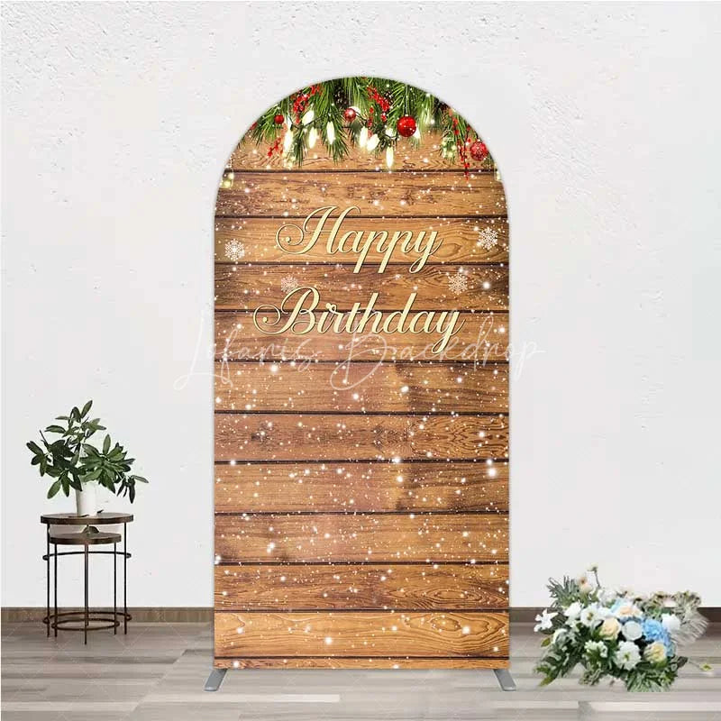 Lofaris Arch Backdrop Rustic Wood Christmas Happy Birthday Cover Winter Pine Tree Light Background Holiday Born Party Decor