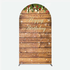 Lofaris Arch Backdrop Rustic Wood Christmas Happy Birthday Cover Winter Pine Tree Light Background Holiday Born Party Decor