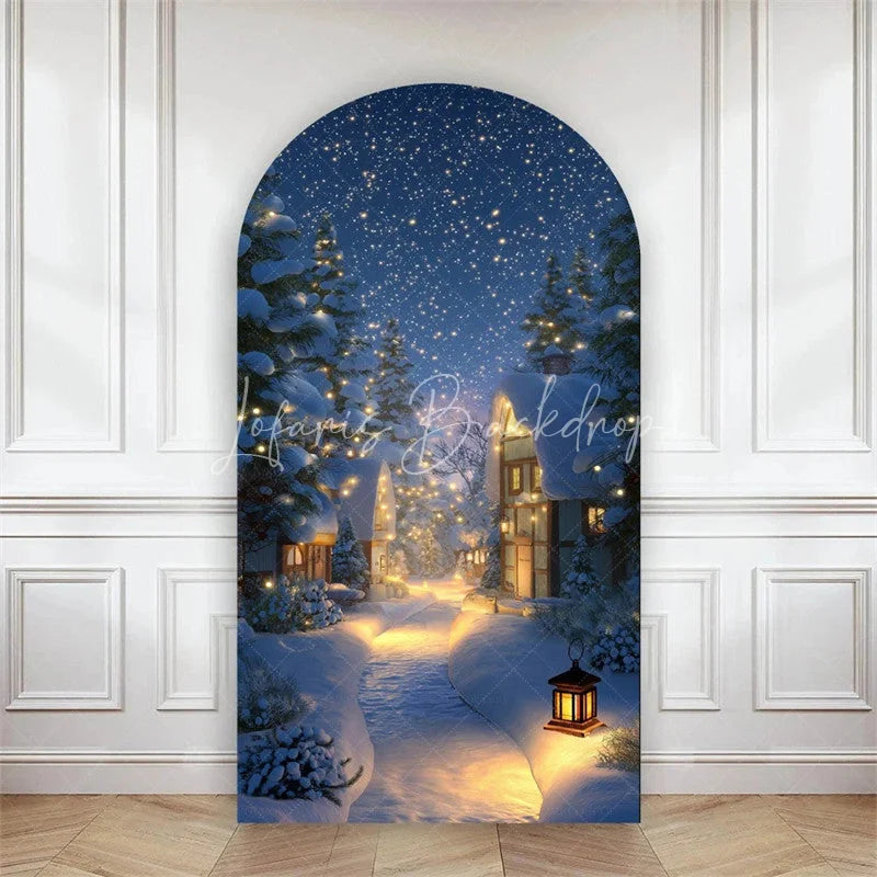 Lofaris Arch Backdrop Winter Night Street Lamp Snow Cover Magical Blue Forest Path Chiara Wall Background Christmas Decor