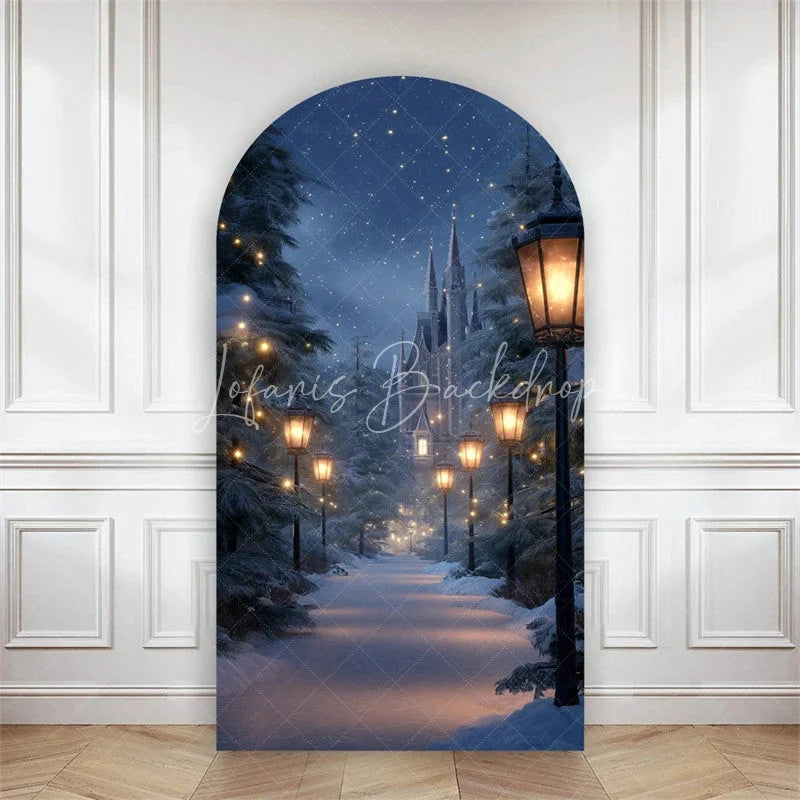 Lofaris Arch Backdrop Winter Night Street Lamp Snow Cover Magical Blue Forest Path Chiara Wall Background Christmas Decor