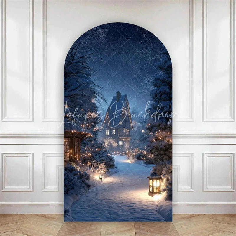 Lofaris Arch Backdrop Winter Night Street Lamp Snow Cover Magical Blue Forest Path Chiara Wall Background Christmas Decor