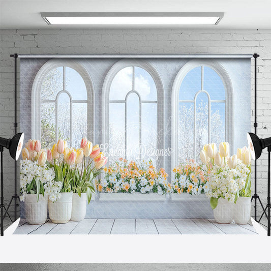 Lofaris Arch Window Tulip Floral Spring Photography Backdrop