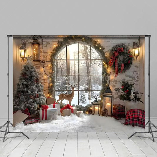 Lofaris Arched Window Deer Wreath Christmas Backdrop